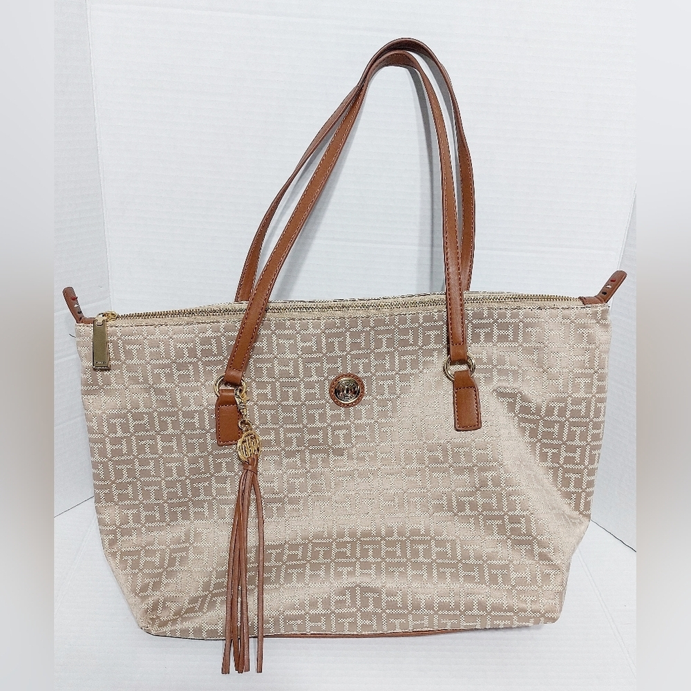 Tommy Hilfiger Large Brown Gold Monogram‎ TH Tote Bag